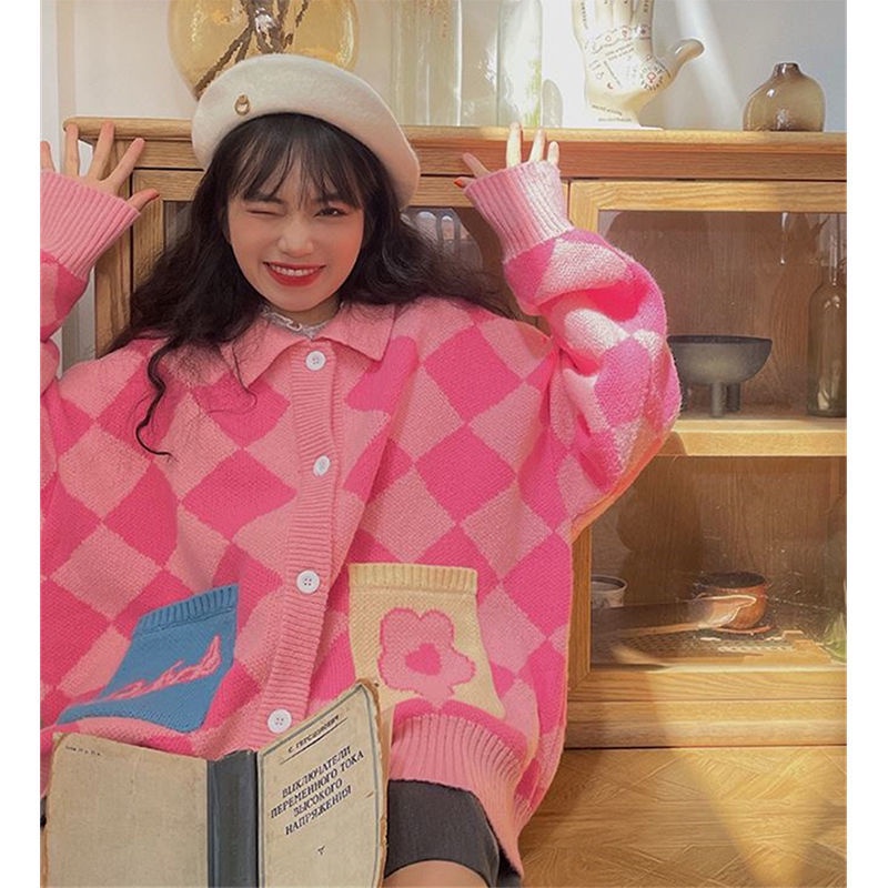 Áo khoác cardigan len dáng rộng kẻ sọc đính đá dễ thương cho nữ