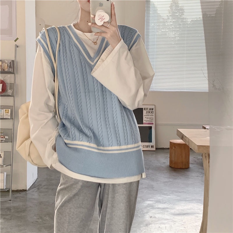 (MỚI) Bộ áo thun form rộng + áo vest dệt kim phong cách Hàn Quốc