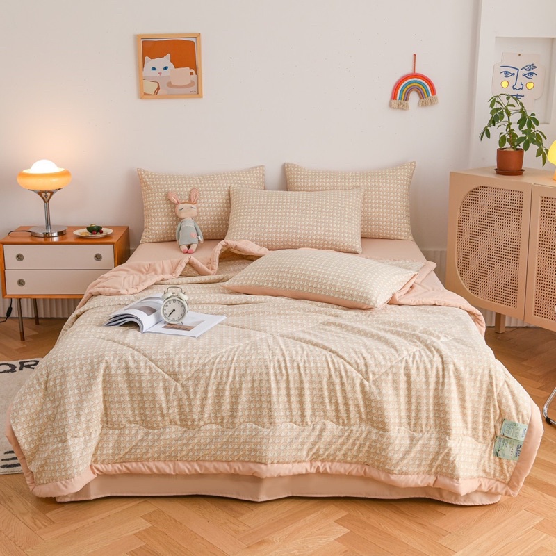 Set Cotton Hoạt Tính Chăn Hè Hoạ Tiết Basic, Chất Đũi Hoạt Tính Mềm Mát_Shinbedding
