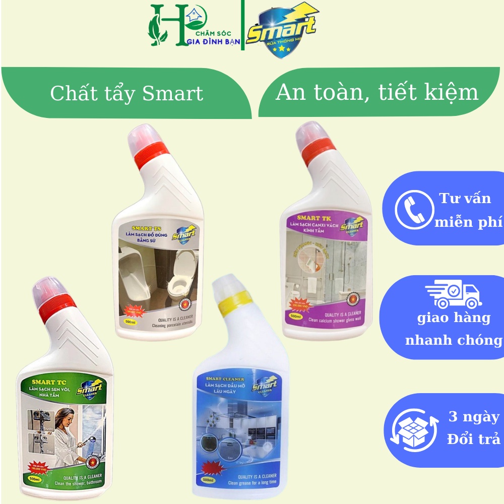 Nước tẩy rửa siêu sạch SMART - tẩy cặn canxi vách kính, dầu mỡ lâu ngày, sen vòi inox, đồ dùng bằng sứ