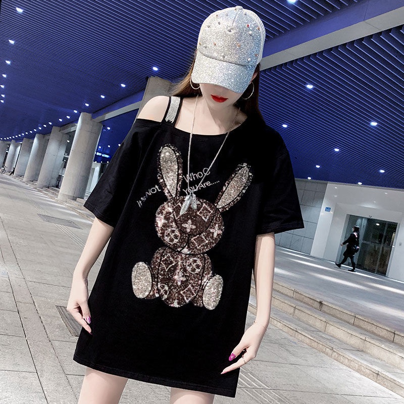 Áo Thun Cotton Tay Ngắn Dáng Rộng Hở Vai Đính Đá Thời Trang Mùa Hè Cho Nữ 2021
