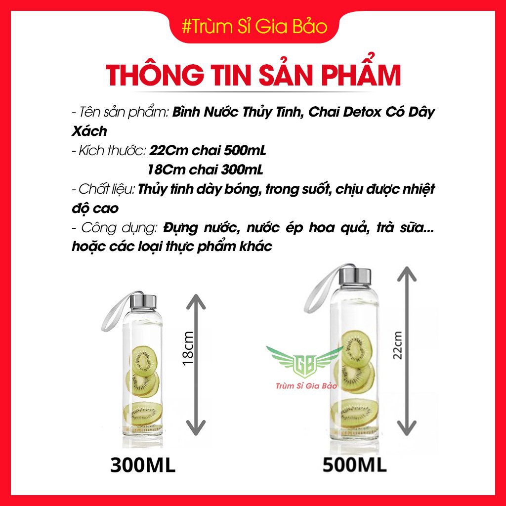 Bình Nước Thuỷ Tinh Chịu Nhiệt 500ml , 300ml - Chai Đựng Nước DETOX Loại Dày , Có Quai Đeo. | BigBuy360 - bigbuy360.vn