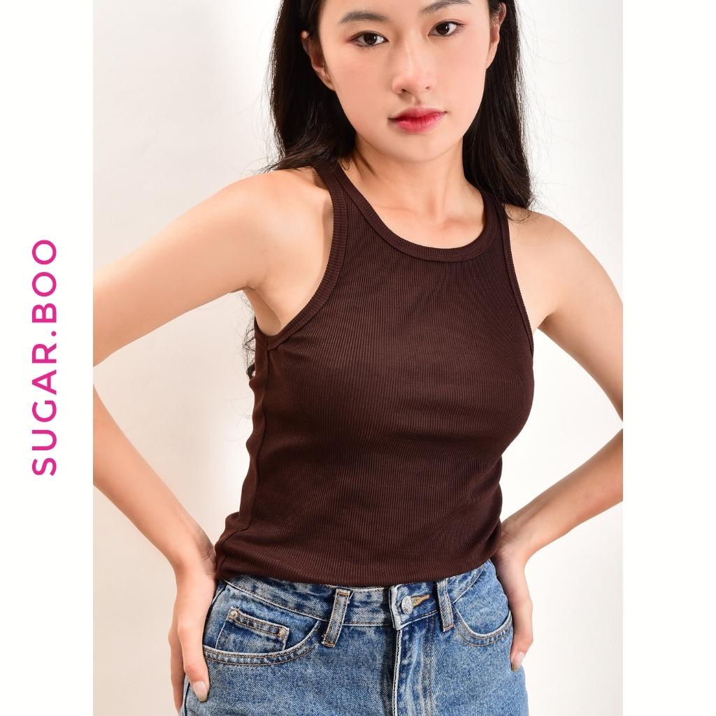 Áo ba lỗ tank top nữ Sugar.Boo cổ cao form ôm dáng dài vải thun cotton co giãn thoáng mát màu nâu. M2N