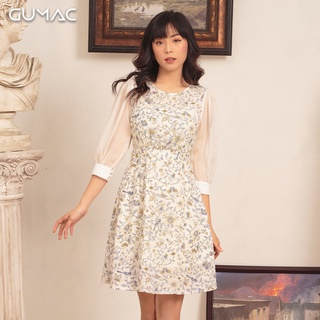 Đầm họa tiết tay phối gumac da441_xanh