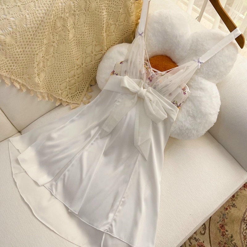 váy ngủ sexy lụa cao cấp Quảng Châu trắng phối ren 018