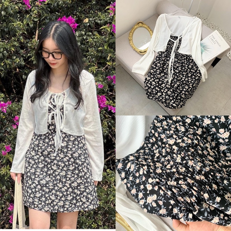 [HÀNG HAI LỚP] Váy hai dây hoa nhí nền đen xinh mix cadigan chất mát mềm mịn Set váy tiểu thư