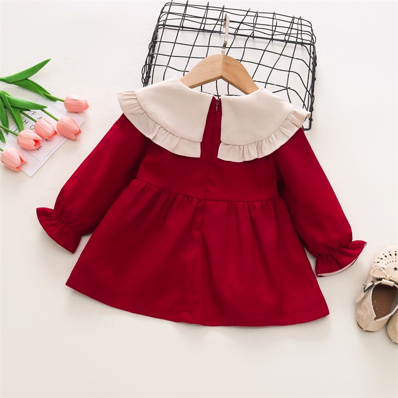 Đầm Công Chúa Tay Dài Phối Bèo Đính Nơ Màu Trơn Thời Trang Thu Đông Cho Bé Gái 0-3 Tuổi