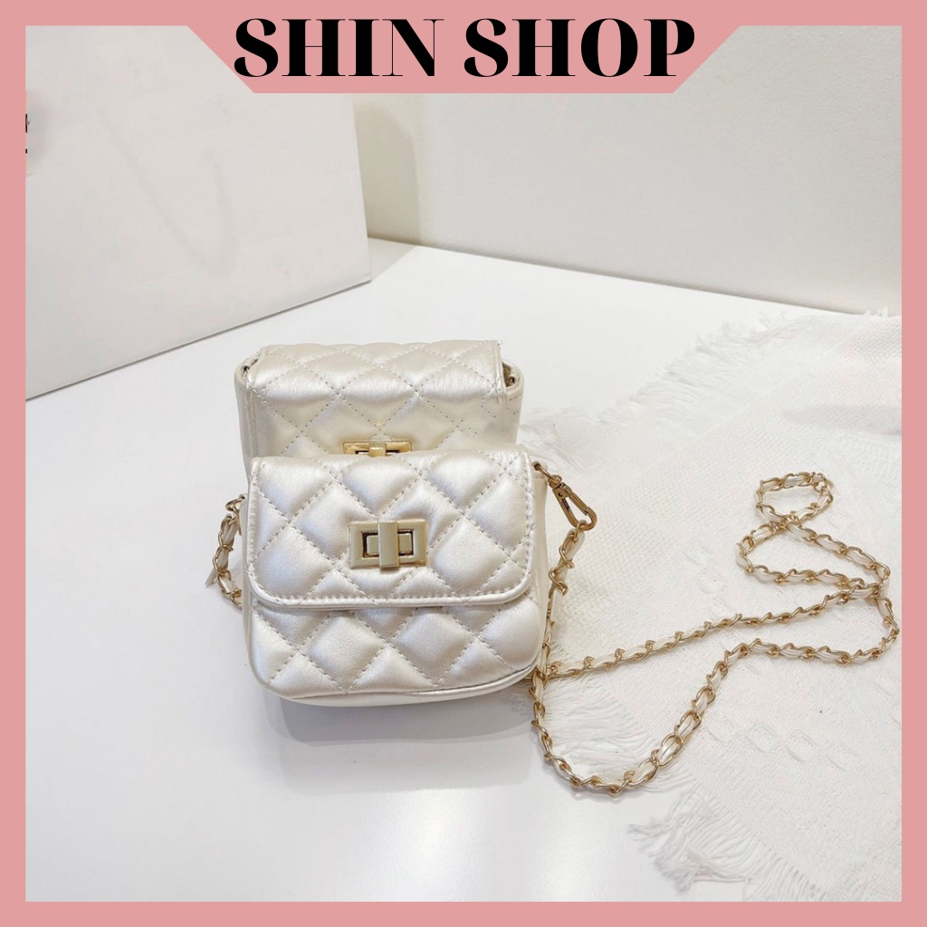 Túi xách nữ, túi đeo chéo mini màu kem ánh bạc hàng Quảng Châu siêu cấp - Shin shop TC02