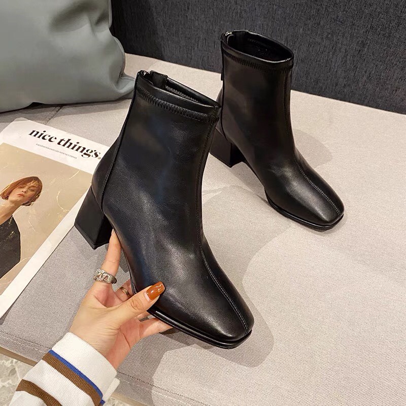 FREESHIP Giày bốt nữ cao cổ có lót nỉ kéo khóa sau gót vuông 5p hàng fullbox