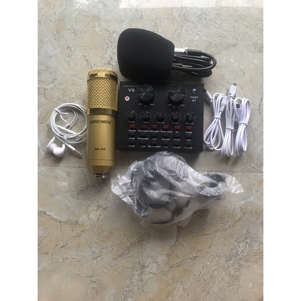 combo bộ mic thu âm livestream hát karaoke online micro woaichang bm900 card v8 bluetooth tặng tai nghe