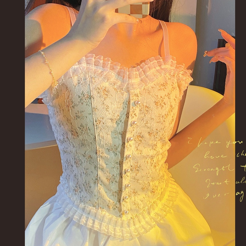 Áo 2 dây có mút ngực áo hai dây croptop Ôm Dáng Phối Ren Họa Tiết Hoa Quyến Rũ Thời Trang Kiểu Pháp Cho Nữ