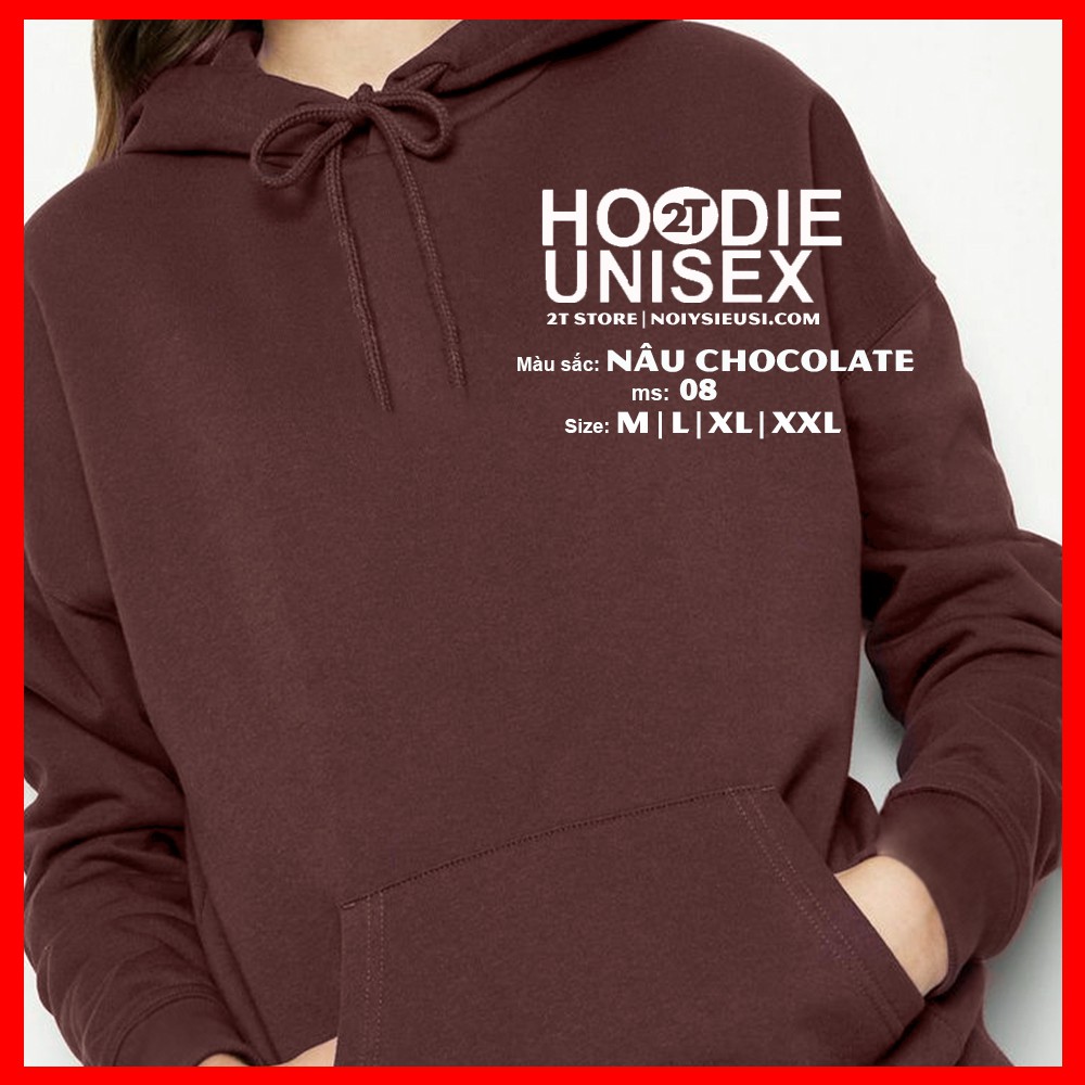 Áo hoodie unisex 2T Store H08 màu nâu chocolate - Áo khoác nỉ chui đầu nón 2 lớp dày dặn chất lượng đẹp | BigBuy360 - bigbuy360.vn