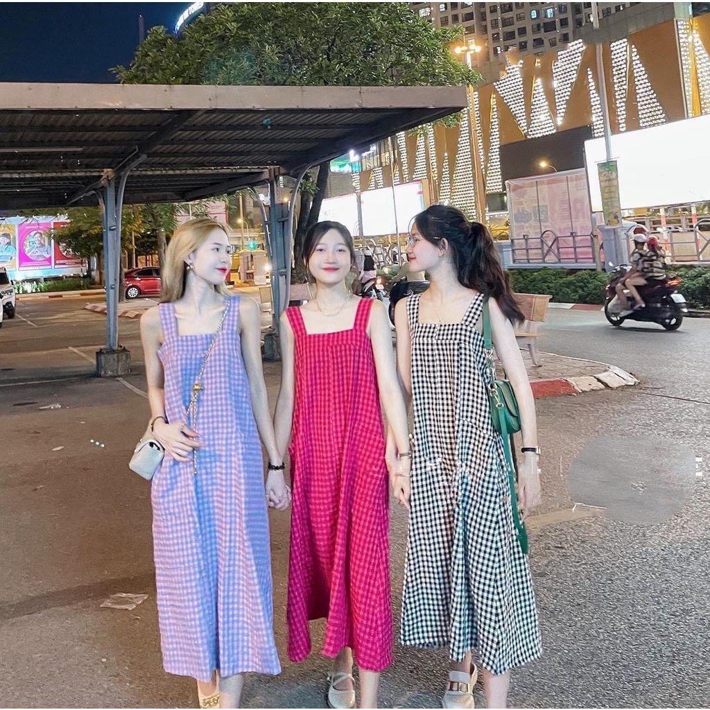 VÁY đầm maxi KẺ CARO 2 DÂY CHUN LƯNG dáng suông dài cá tính tiểu thư mặc đi chơi du lịch đi biển mùa hè