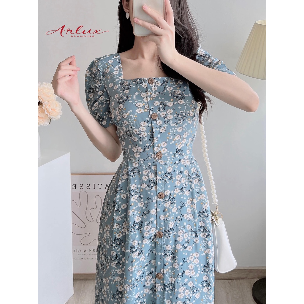 Váy cổ vuông thiết kế, đầm nữ xếp li midi bánh bèo tiểu thư