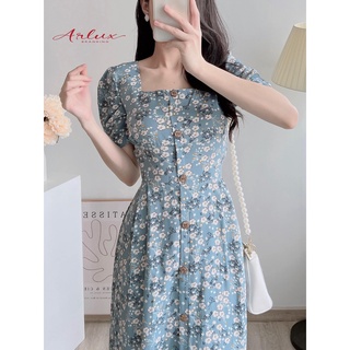 Váy cổ vuông thiết kế, đầm nữ xếp li midi bánh bèo tiểu thư