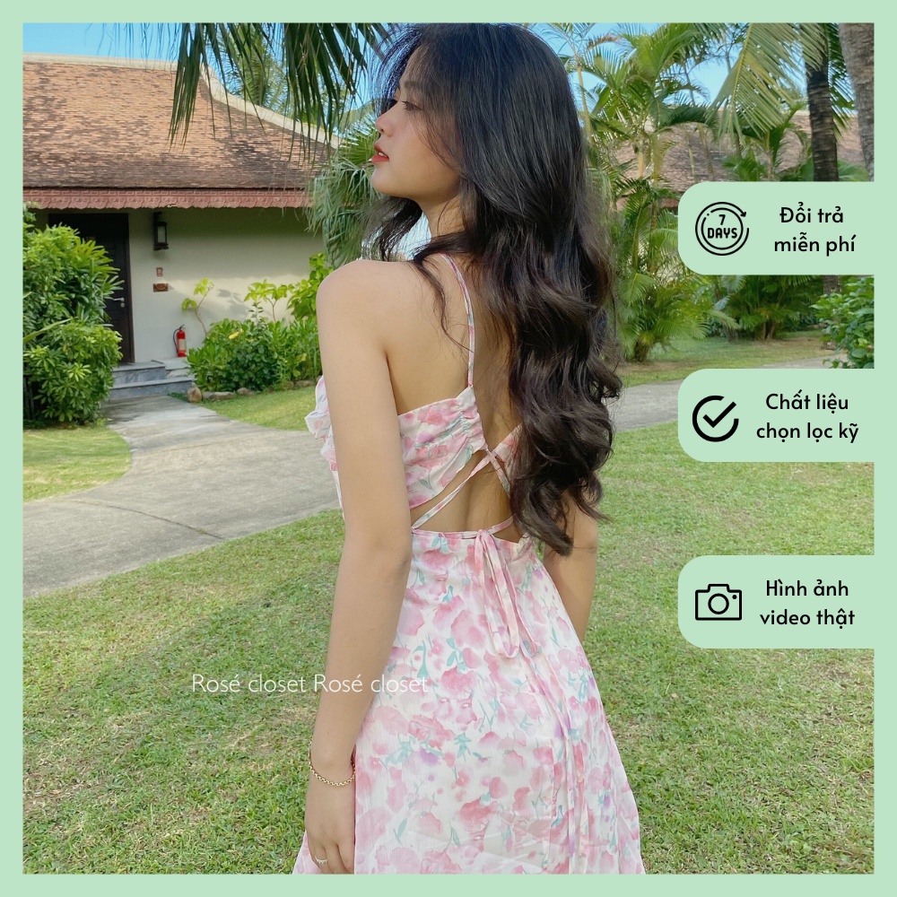(VIDEO) Váy hoa hở lưng đi biển xẻ tà trước dáng dài nữ tính - Ảnh thật by Rosé closet