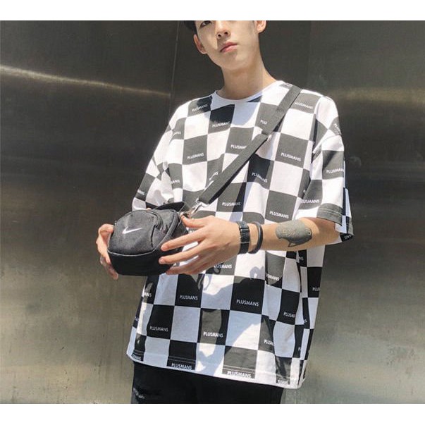 Áo thun form rộng caro tay lỡ checkerboard PLUSMAN