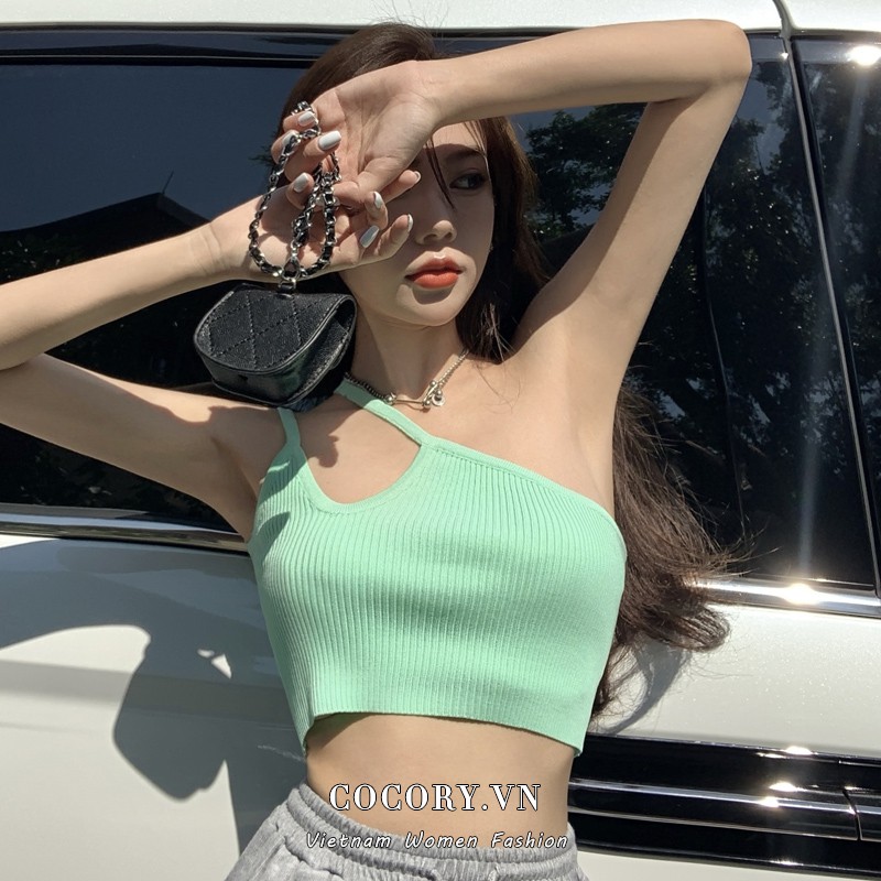 Cocory vn Áo Croptop Dệt Kim Thiết Kế Lệch Vai Phong Cách Quyến Rũ