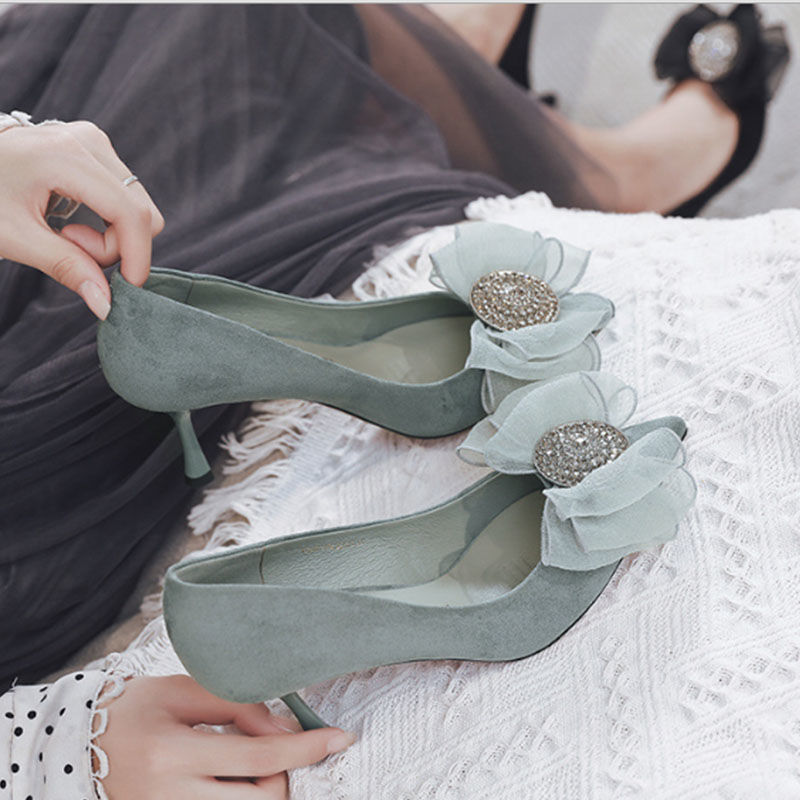 High-quality water drill fairy style single shoes spring new high heels Korean version of bow lady bridesmaid shoes OL
