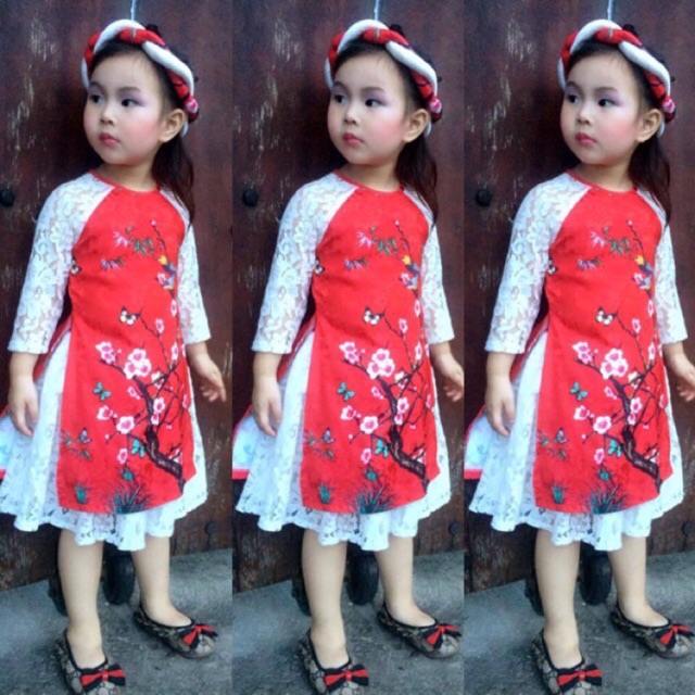 Áo dài gấm hoa đào diện Tết