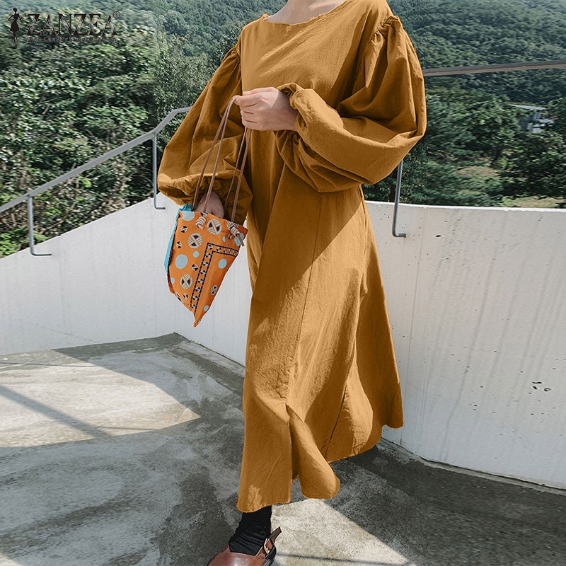 Đầm maxi nữ Zanzea tay phồng dài thiết kế xẻ tà thời trang phong cách Hàn Quốc