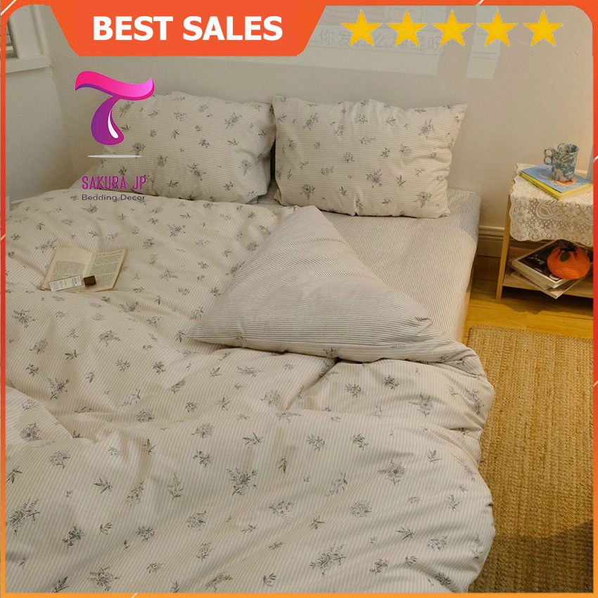 [RẺ VÔ ĐỊCH] Bộ Chăn Ga Gối Đệm Cotton Living Nhập Khẩu  Hoa Nhí Vintage Kẻ Chìm -Chăn Ga Cotton Sakura JP Bedding Decor