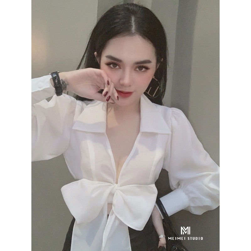 Áo sơ mi tay bồng dài tay buộc nơ croptop