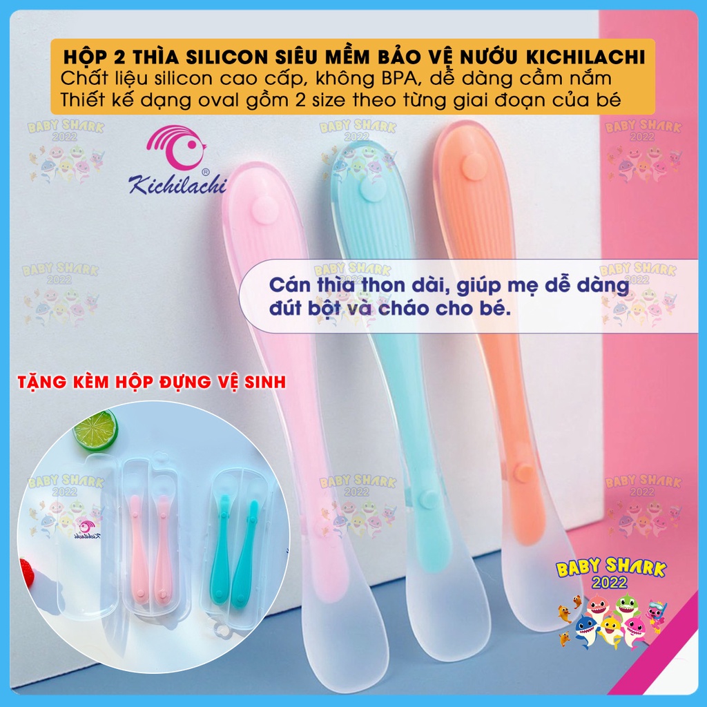 Set 2 thìa silicon Kichilachi siêu mềm bảo vệ nướu kèm hộp cho bé tập ăn dặm