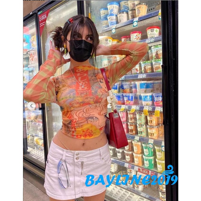 Áo lửng tay dài cổ tròn in hoạt hình hợp thời trang cho nữ