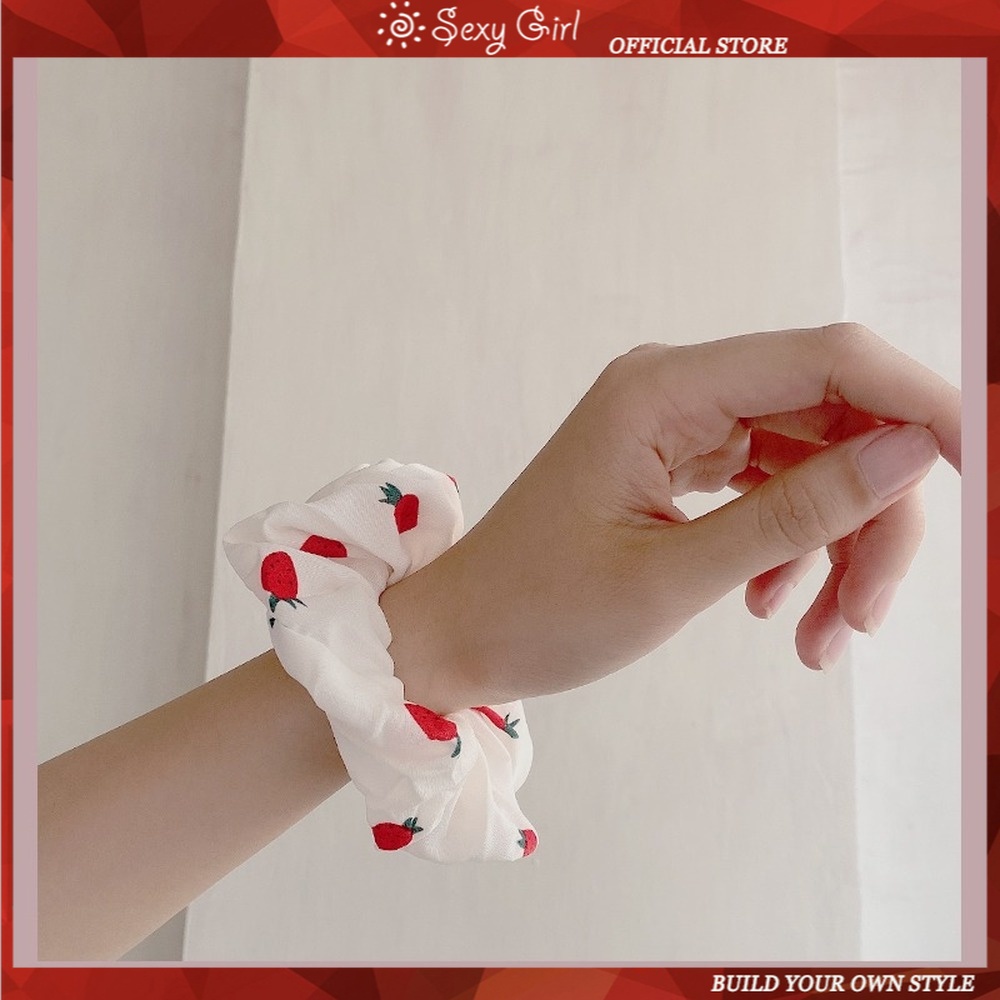 Dây Buộc Tóc Cao Su Co Giãn Bọc Vải Chiffon In Họa Tiết Dâu Tây Dễ Thương Phong Cách Hàn Quốc