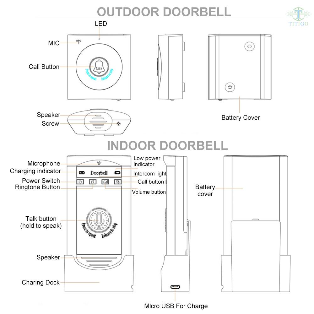 Wireless Voice Intercom Doorbell 2-way Talk Monitor with 1*Outdoor Unit Button 1* Indoor Unit Receiver Smart Home Security Door Bell