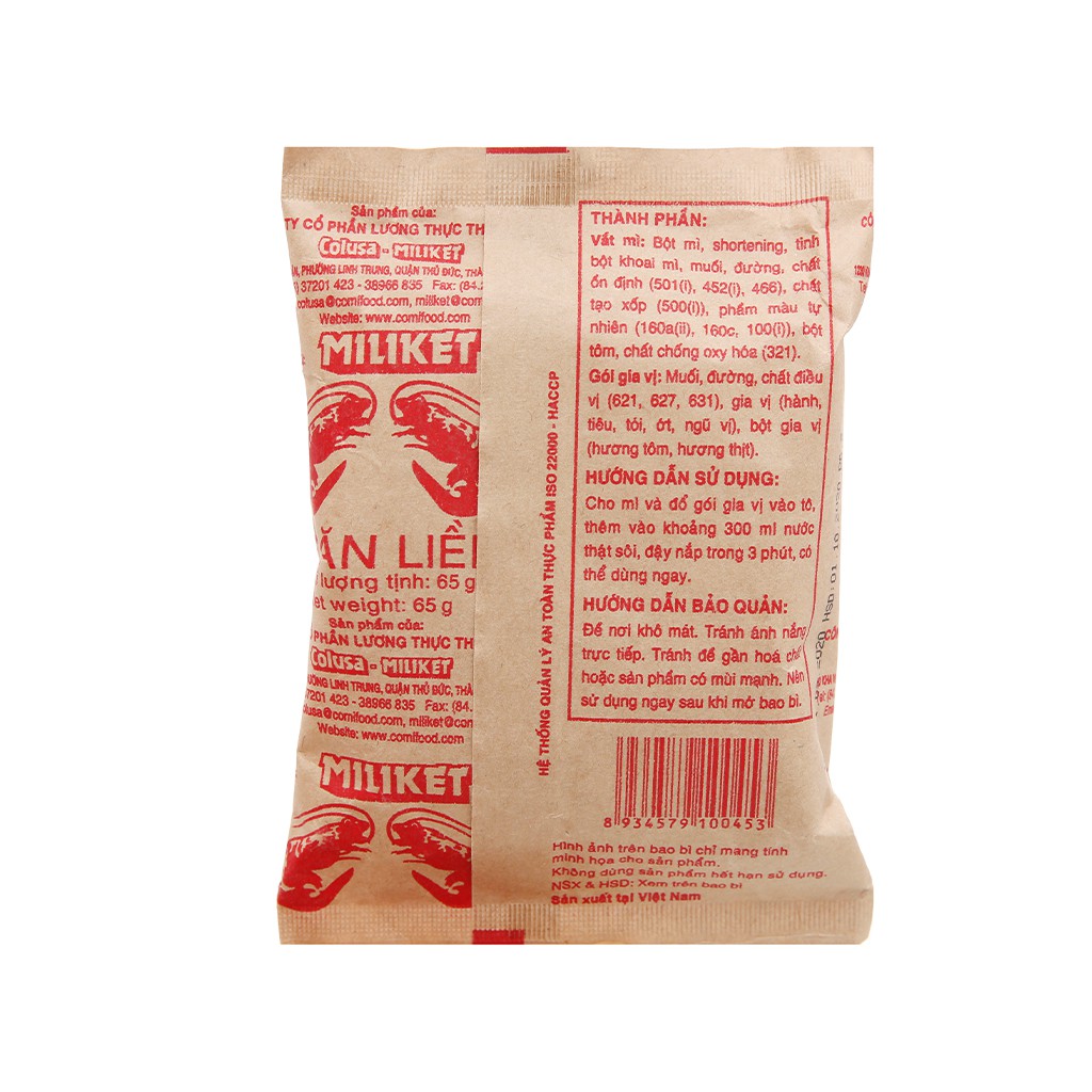 Mì Tôm Đặc Biệt Miliket Giấy Vàng Gói 65G