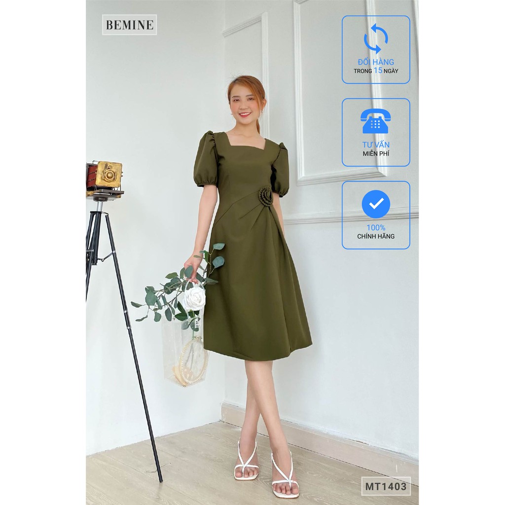 Đầm cổ vuông eo gắn bông BEMINE MT1403REULINH | BigBuy360 - bigbuy360.vn