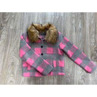 Áo dạ ngắn kẻ caro hồng cổ lông tháo rời