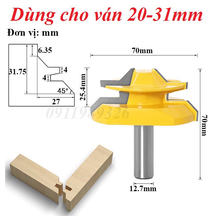 Mũi Phay Ghép Ván Gỗ - Mũi Soi Gỗ Góc Vuông Cốt 1/2 - Ghép góc 19mm Có Thể  Ghép Được Ván Dày 12.7 - 23mm