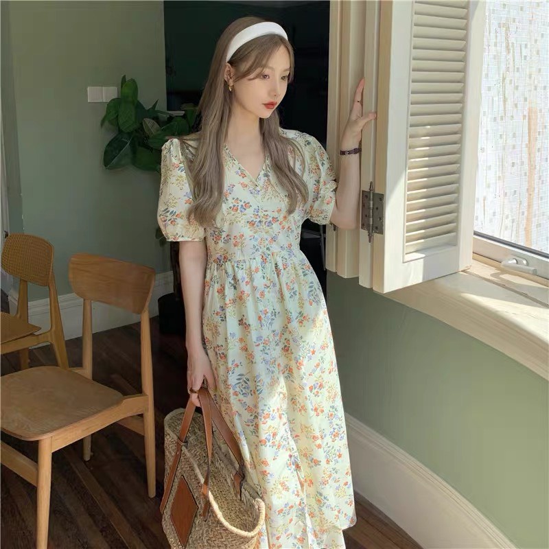 Váy babydoll dáng dài đầm hoa tay phồng xuân hè 2022 thiết kế mới kiểu Pháp Kozoda D57