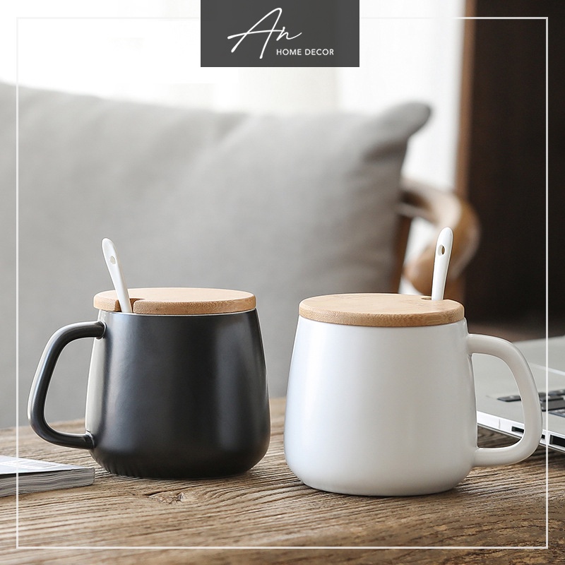 Sét cốc gốm sứ cafe cà phê uống nước nắp tre thìa sứ 400ml