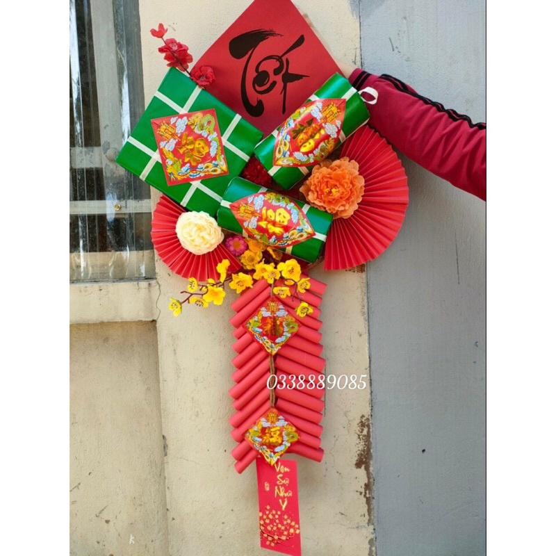 Mẹt trang trí tết siêu to có bánh chưng, bánh tét, hoa đào, hoa mai, rẻ quạt, siêu đẹp