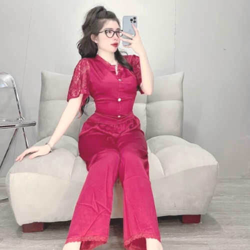 Đồ bộ nữ, set đồ bộ pijama lụa latin quần dài tay ngắn phối ren bo thun sau lưng, đồ bộ mặc nhà nữ, quần áo nữ