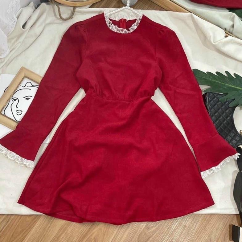 Váy nhung đỏ NADO, đầm đỏ tết tay dài dự tiệc nữ đỏ noel xòe phối ren tay và cổ thời trang đẹp freesize | BigBuy360 - bigbuy360.vn