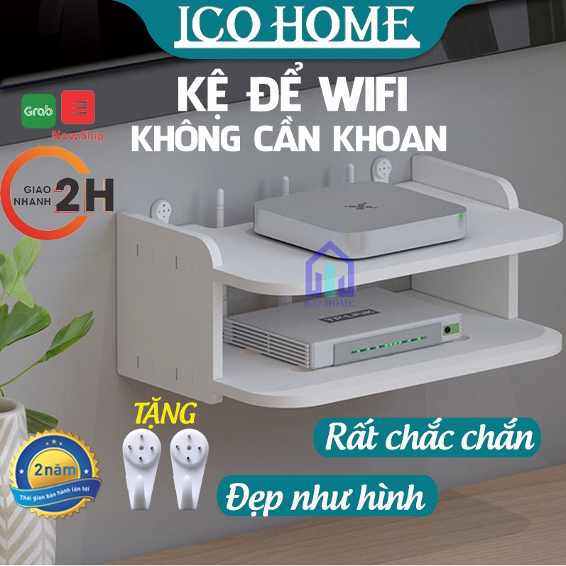 Kệ wifi treo tường 2 tầng không cần khoan để đầu thu kỹ thuật số, remote, điện thoại - ICO HOME