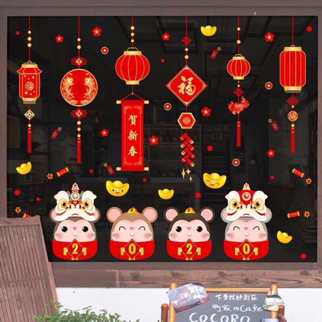 Combo Decal dán Tết - Chuột 2020 phối Đèn sắc màu ( 2 tấm )