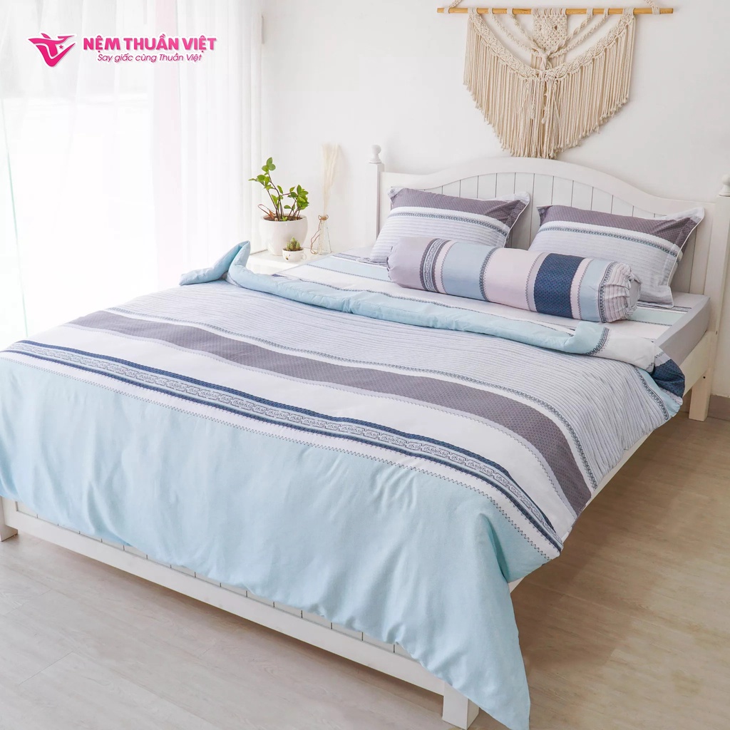 Bộ Ga Giường Tencel Thuần Việt Cao Cấp - Xanh Sọc TVM07 (4 Món)