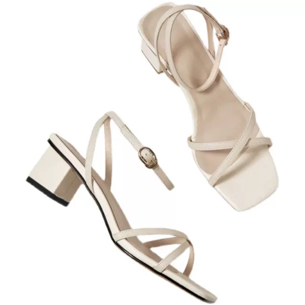 Sandal dây mảnh chéo, đế trụ 5cm, khóa cài, mũi vuông, basic sang trọng - 1000016