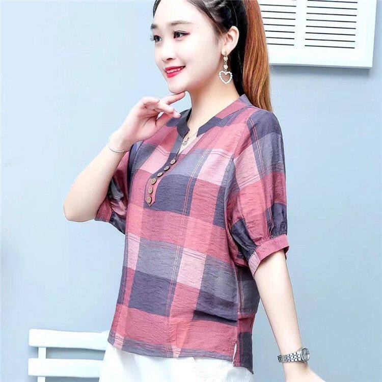 Áo Sơ Mi Cotton Linen Dáng Rộng Kẻ Sọc Caro Thời Trang Mùa Hè Phong Cách Hàn Quốc Cho Nữ Mới