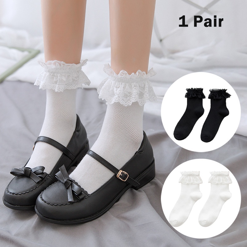 1 Đôi Vớ Cotton Ngắn Phối Ren Lưới Màu Trắng Đen Phong Cách Lolita Nhật Bản Đáng Yêu Thời Trang Mùa Hè Cho Nữ -40
