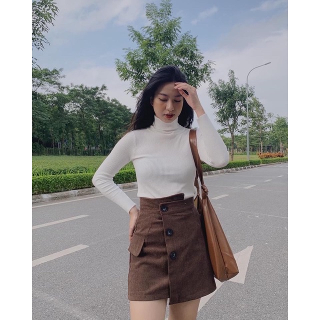 Chân váy nhung tăm có quần trong cạp lệch đính cúc siêu dày dặn dễ phối đồ