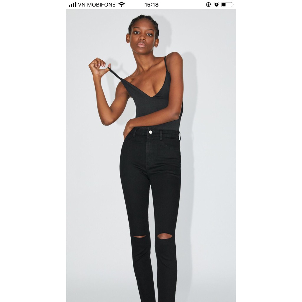Quần Skinny Jean Zara Rách Gối Màu Đen Tuyền - Có Ảnh Thật,