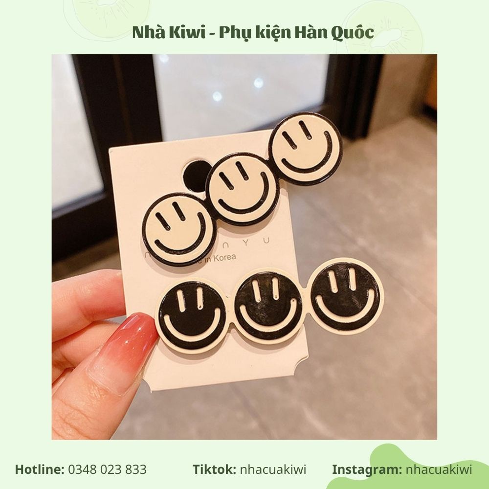 Kẹp tóc mái hình icon mặt cười cute tone màu trắng đen