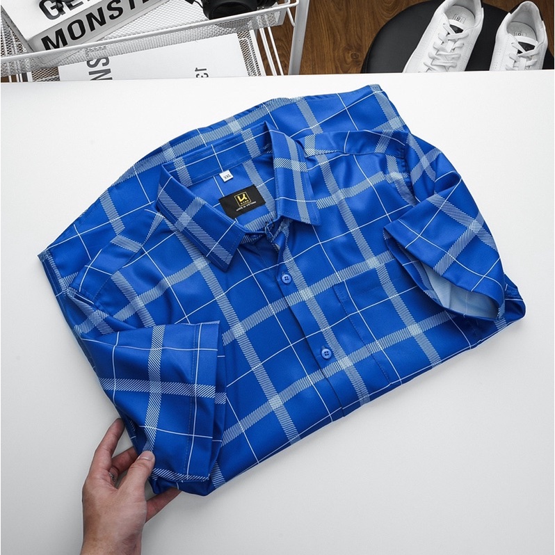 Áo sơ mi nam co giãn mẫu caro tay ngắn có túi Bigsize < 130kg